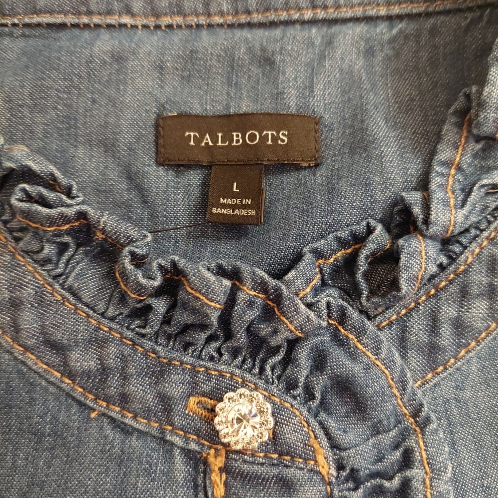 Talbots Wms Ruffle Collar Denim Popover Cotton Shirt Sparkle Buttons L NEW! $100 - Picture 7 of 13